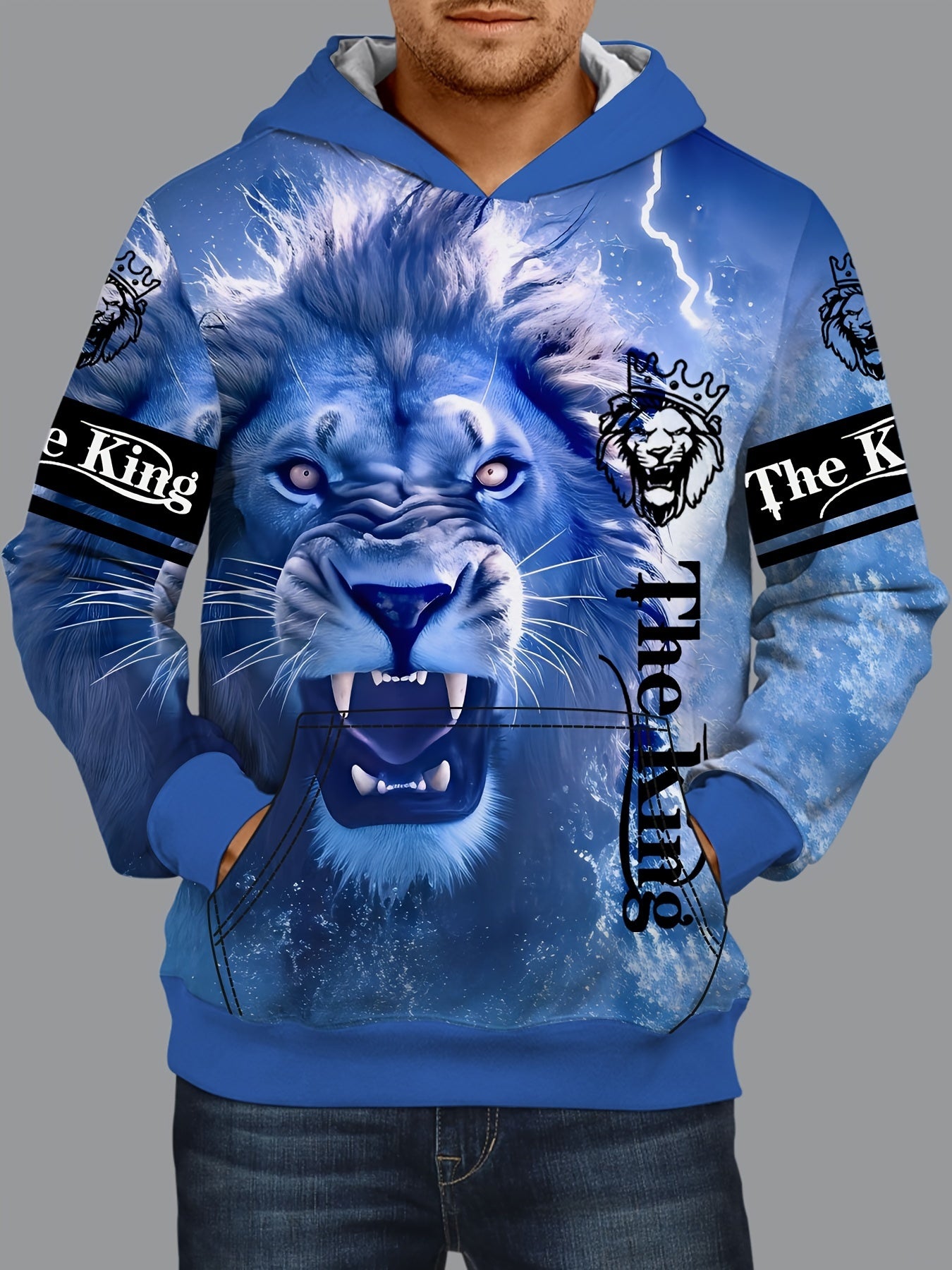 3D Print Lion Hoodie Kangaroo Pocket Loose Pullover Men's Clothing