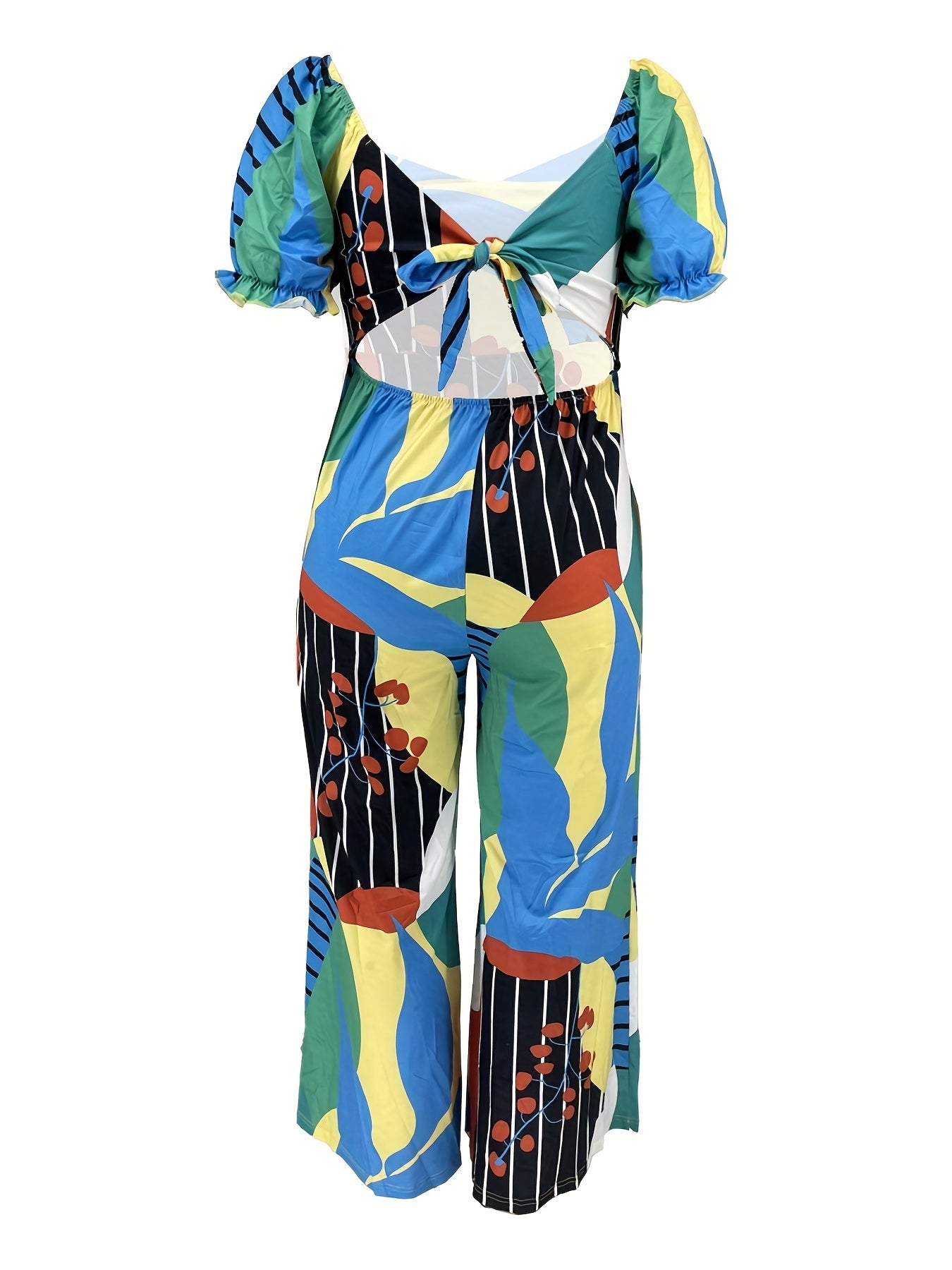 Sexy Jumpsuit Cut Out Bow Knot Back Puff Sleeve V Neck