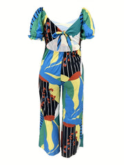 Sexy Jumpsuit Cut Out Bow Knot Back Puff Sleeve V Neck