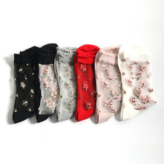 6 Pairs Floral Print Crystal Glass Socks Breathable Cotton Women's Stockings