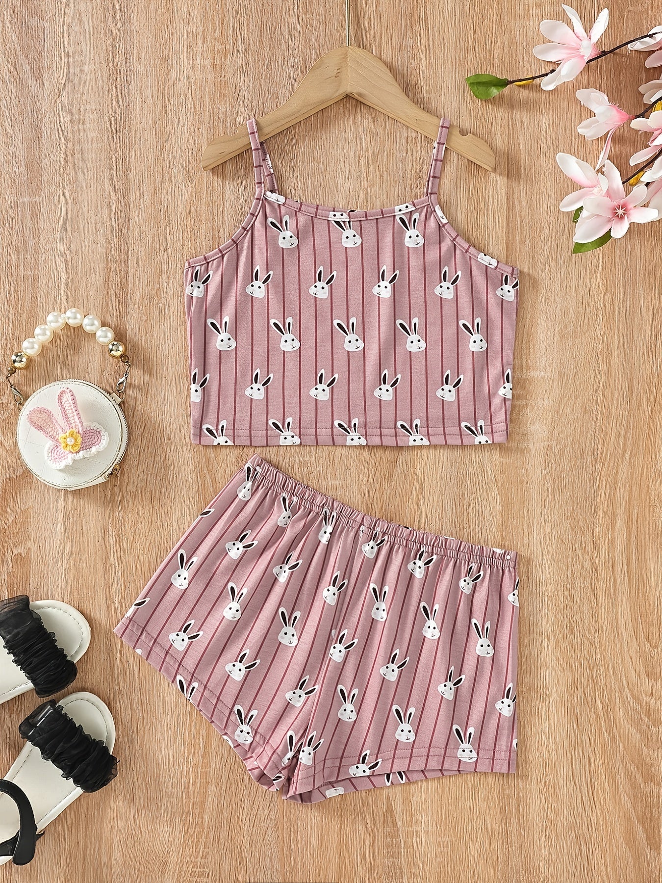 Girls Rabbit Print Pajama Set Cami Top and Shorts