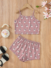 Girls Rabbit Print Pajama Set Cami Top and Shorts