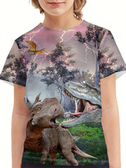 Dino & Lightning 3D Print Boy's Tee Tops Short Sleeve Summer Clothes