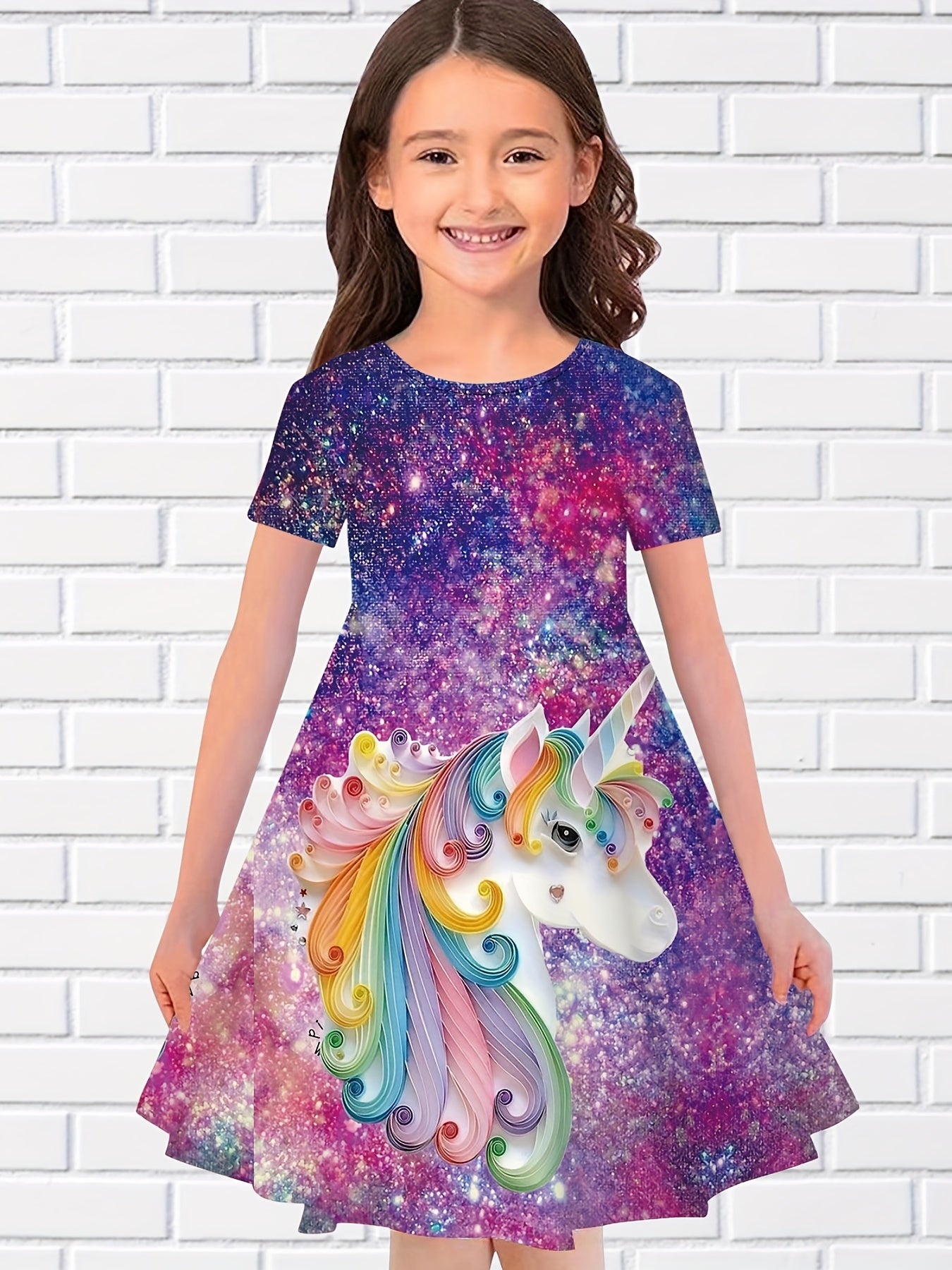 Girls 3D Unicorn Crew Neck Dress Girls Comfy Dresses
