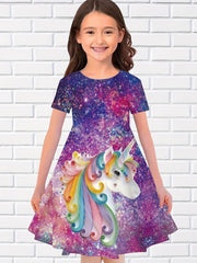 Girls 3D Unicorn Crew Neck Dress Girls Comfy Dresses