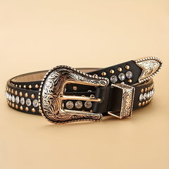 Vintage Rhinestone Belt with Carved Buckle and Rivets