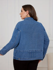 Casual Denim Top Women's Plus Solid Pipping Long Sleeve