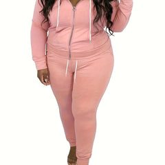 Plus Solid Zip Up Hoodie & Pants 2 Piece Set