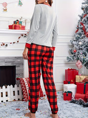Plaid Print Christmas Pajama Set Long Sleeve Top & Pants Women's Sleepwear