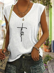 Faith Print V Neck Top Casual Top for Spring & Summer