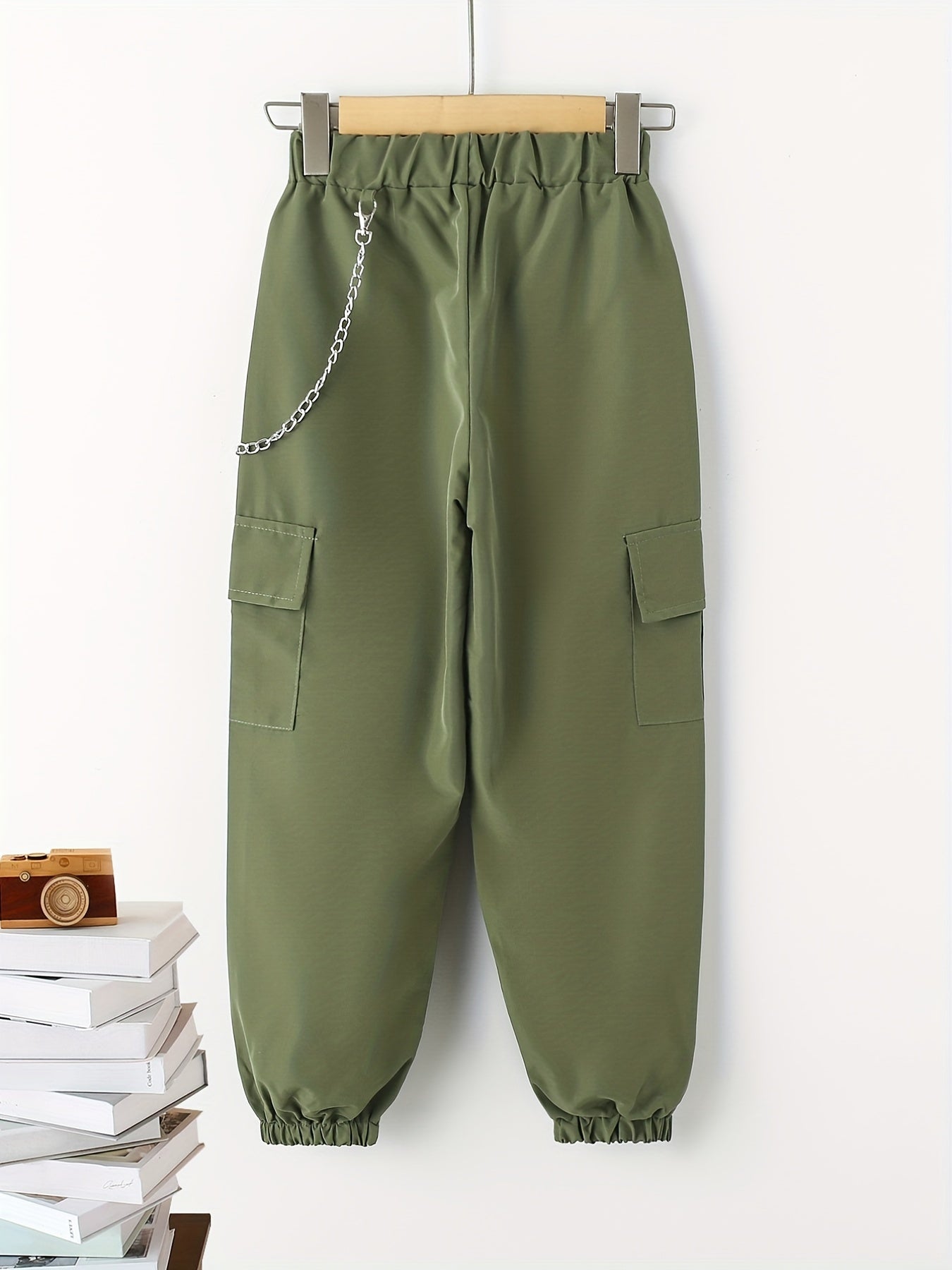Boys Casual Cargo Pants With Chain Elastic Waist Jogger Pants