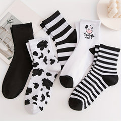 5 Pairs Cow Print Socks & Striped Crew Socks Women's Stockings