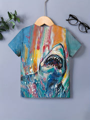 Shark Painting Print Tee Tops Boys Round Neck Casual Short Sleeve Comfortable