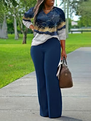 Women's Plus Marble Print V Neck Top & Straight Leg Pant Set