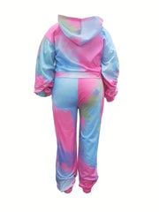 Tie Dye Zip Hoodie & Sweatpants Set Women Plus 2pcs Set