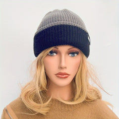 Warm Knit Beanie Hat Patch Block Design Casual Skull Cap