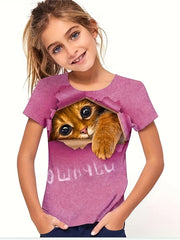 Girls Kitty Graphic Crew Neck T-shirt for Sports Summer