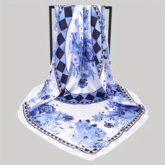 Peony Print Square Scarf Satin Shawl Silk Head Wrap Hair Accessory