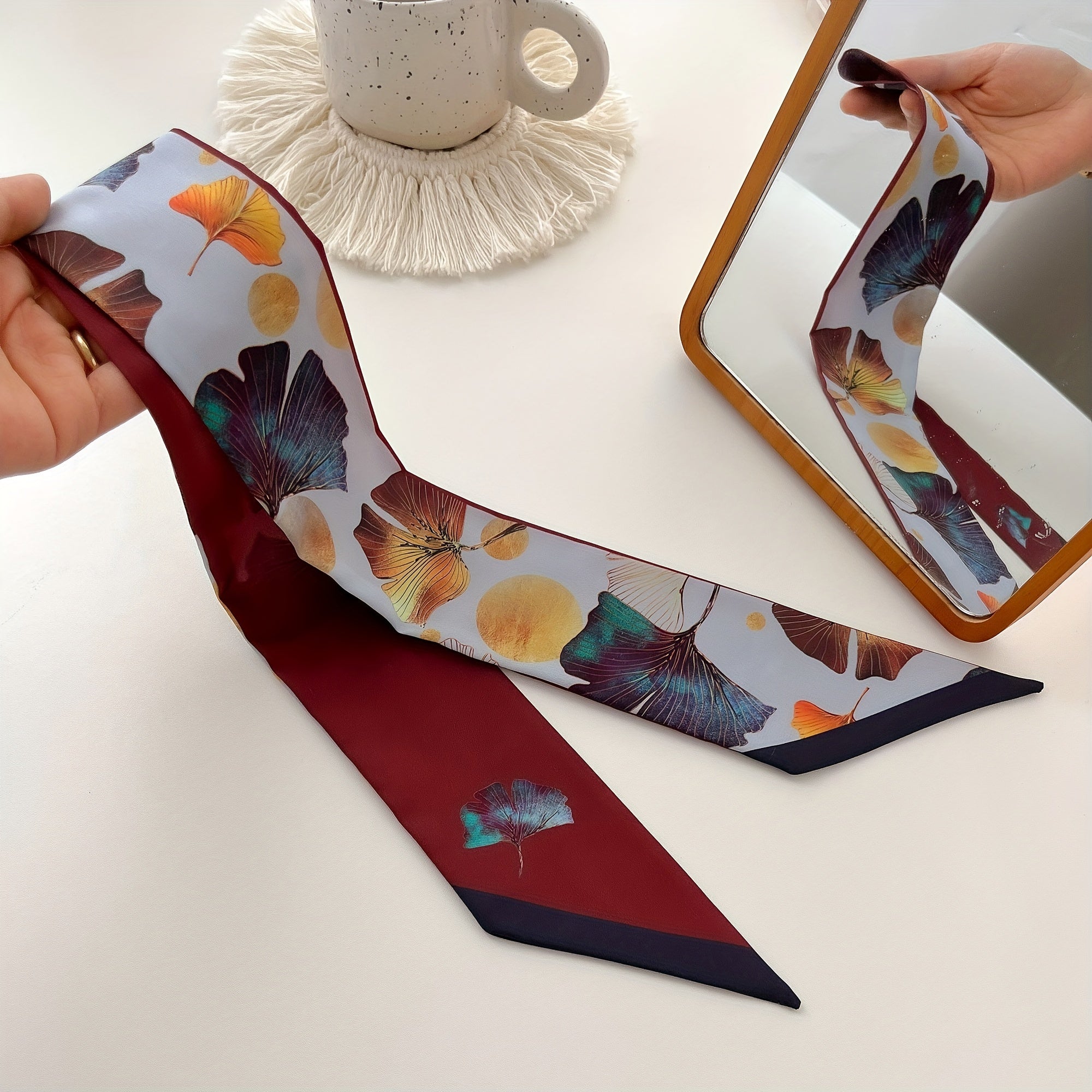 Ginkgo Leaf Print Skinny Scarf Long Neckerchief Hair Ribbon Accessories