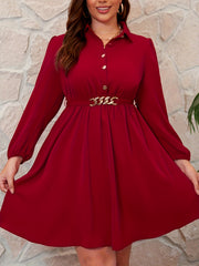 Women's Solid Lantern Sleeve Polo Neck Dress