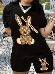 Cartoon Rabbit Print Top & Shorts Set