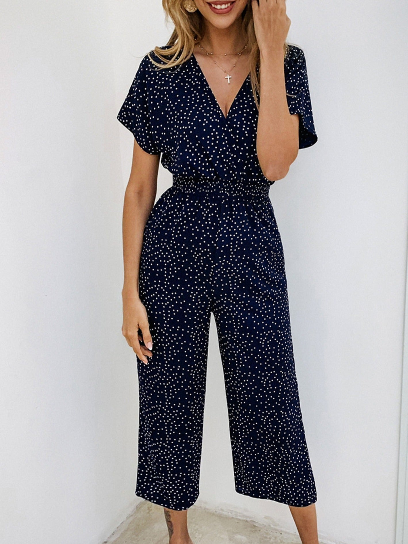 Polka Dot Jumpsuit Short Sleeve V Neck Wide Leg