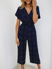 Polka Dot Jumpsuit Short Sleeve V Neck Wide Leg