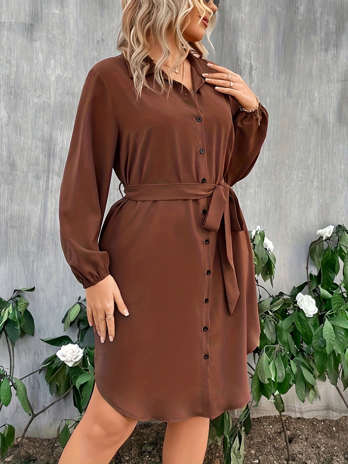 Solid Long Sleeve Button Up Shirt Dress
