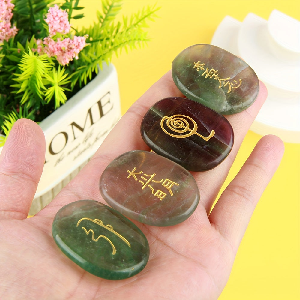 4Pcs Natural Crystal Engraved Chakra Symbols Palm Stones for Reiki Ornaments