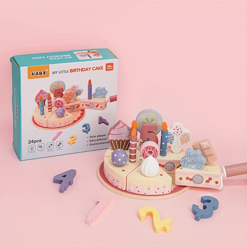 Wooden Birthday Cake Playset for Kids - Includes Candles, Cupcakes, Numbers