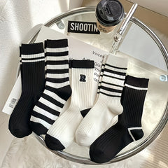 5 Pairs Striped Crew Socks Breathable Mid Tube Stockings