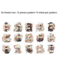 Cafe Series PET Stickers Set - 30 Sheets - Coffee Cup Theme