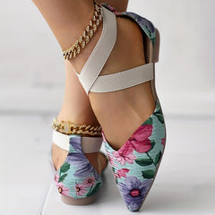 Floral Criss Cross Straps Sandals - Point Toe Flat Shoes