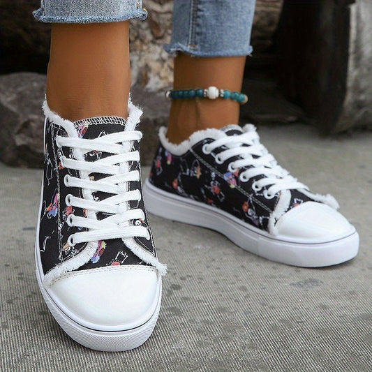 Women's Skull Print Lace Up Canvas Sneakers Lightweight Halloween Shoes