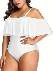 Tropical Print Cold Shoulder Ruffle Trim One Piece Bathing Suit