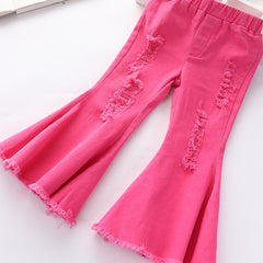Baby Girls Rose Red Ripped Flare Pants Stretch Jeans