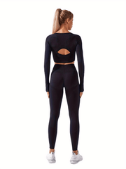 Solid Yoga Set Quick Drying Sports Suit Long Sleeve Sports Bra & High Waist Legg