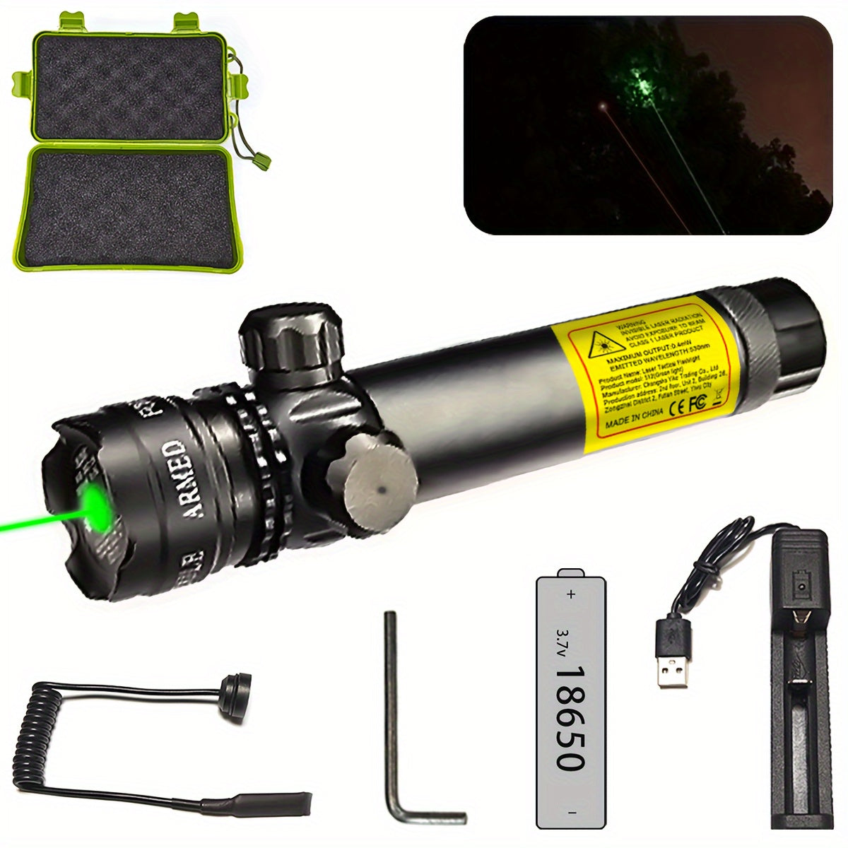Green Laser Flashlight w/ Pressure Switch 18650 USB Charger Storage Box