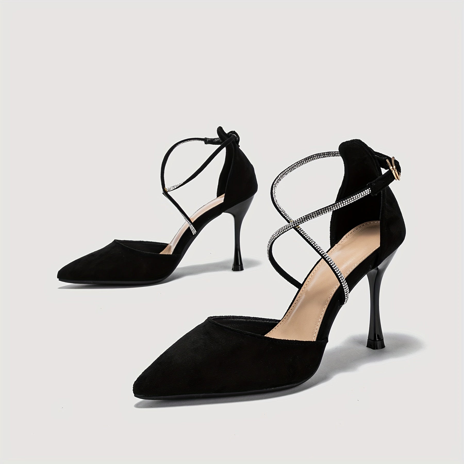 Rhinestone Stiletto Heels Point Toe Pumps Buckle Strap Dress Heels