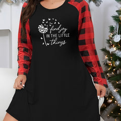 Dandelion & Slogan Print Plaid Raglan Sleeve Nightdress