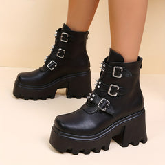 Stylish Rivets Combat Boots with Buckle Strap Chunky Heel Motorcycle Boots