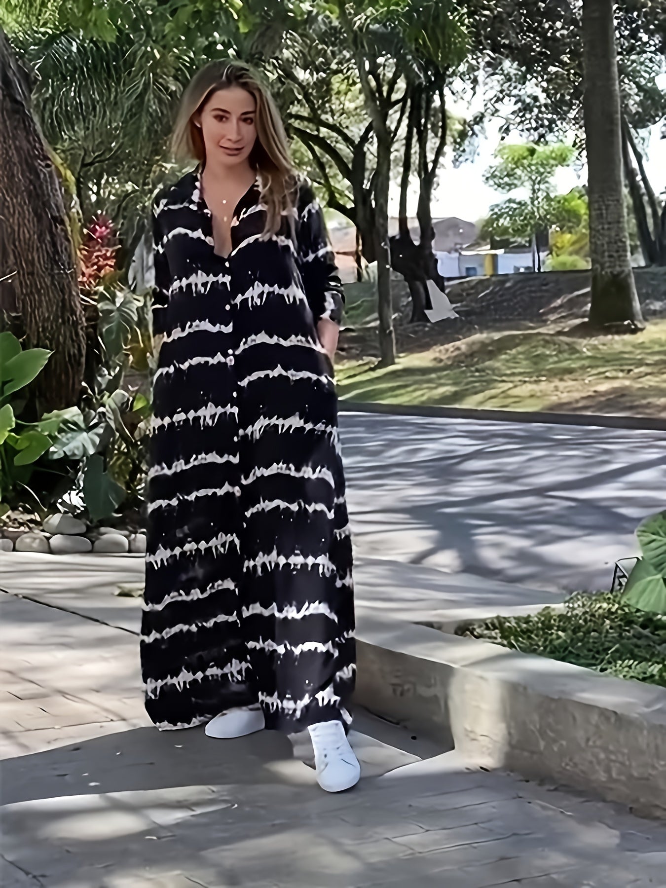 Women's Plus Stripe Print Button Up Maxi Shirt Dress
