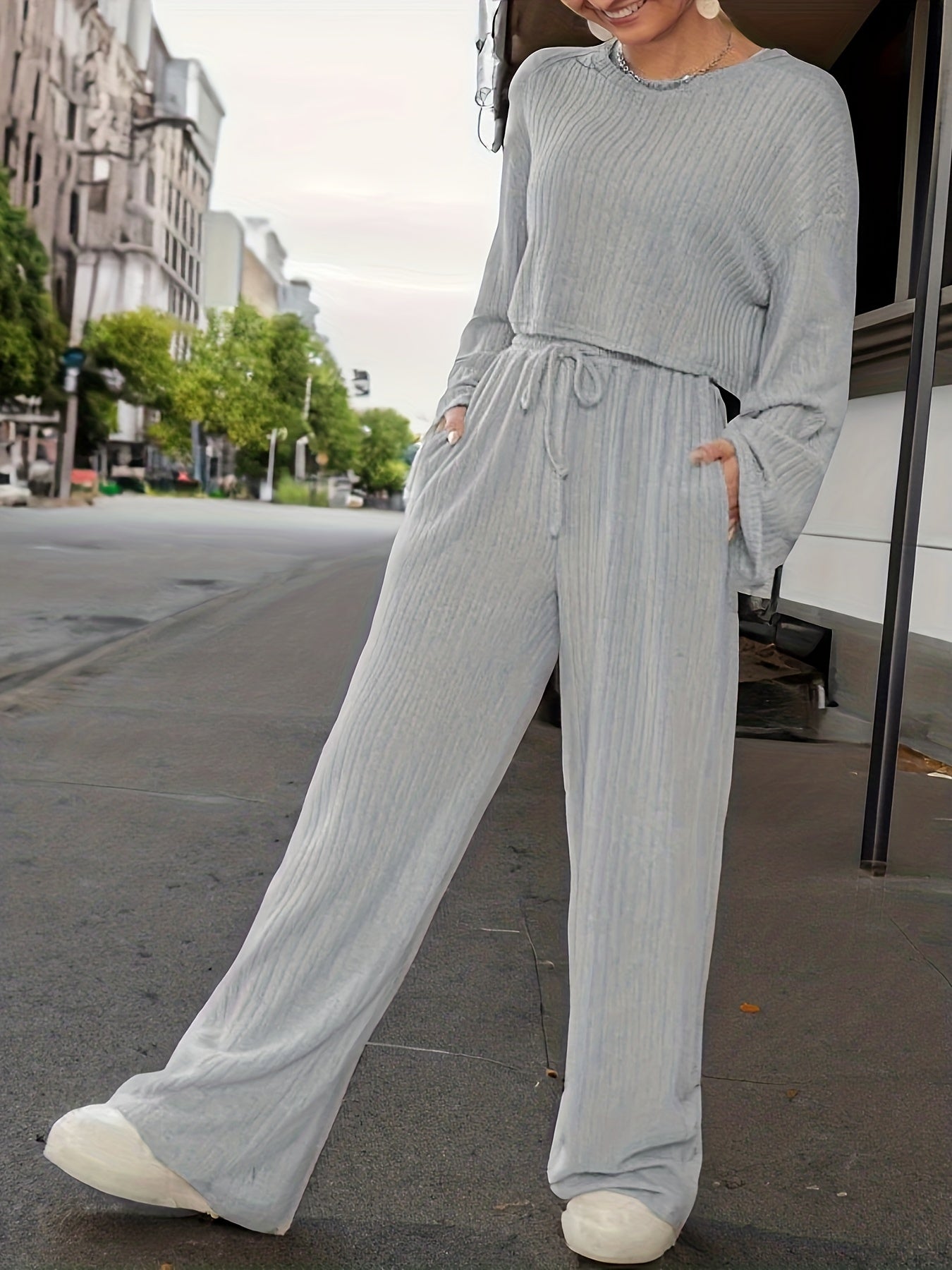 Solid Ribbed Long Sleeve Top & Wide Leg Pants Set