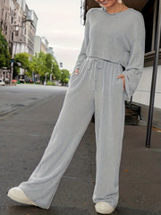 Solid Ribbed Long Sleeve Top & Wide Leg Pants Set