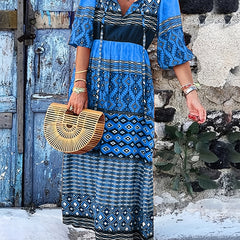 Geo & Stripe Print Half Sleeve Maxi Dress