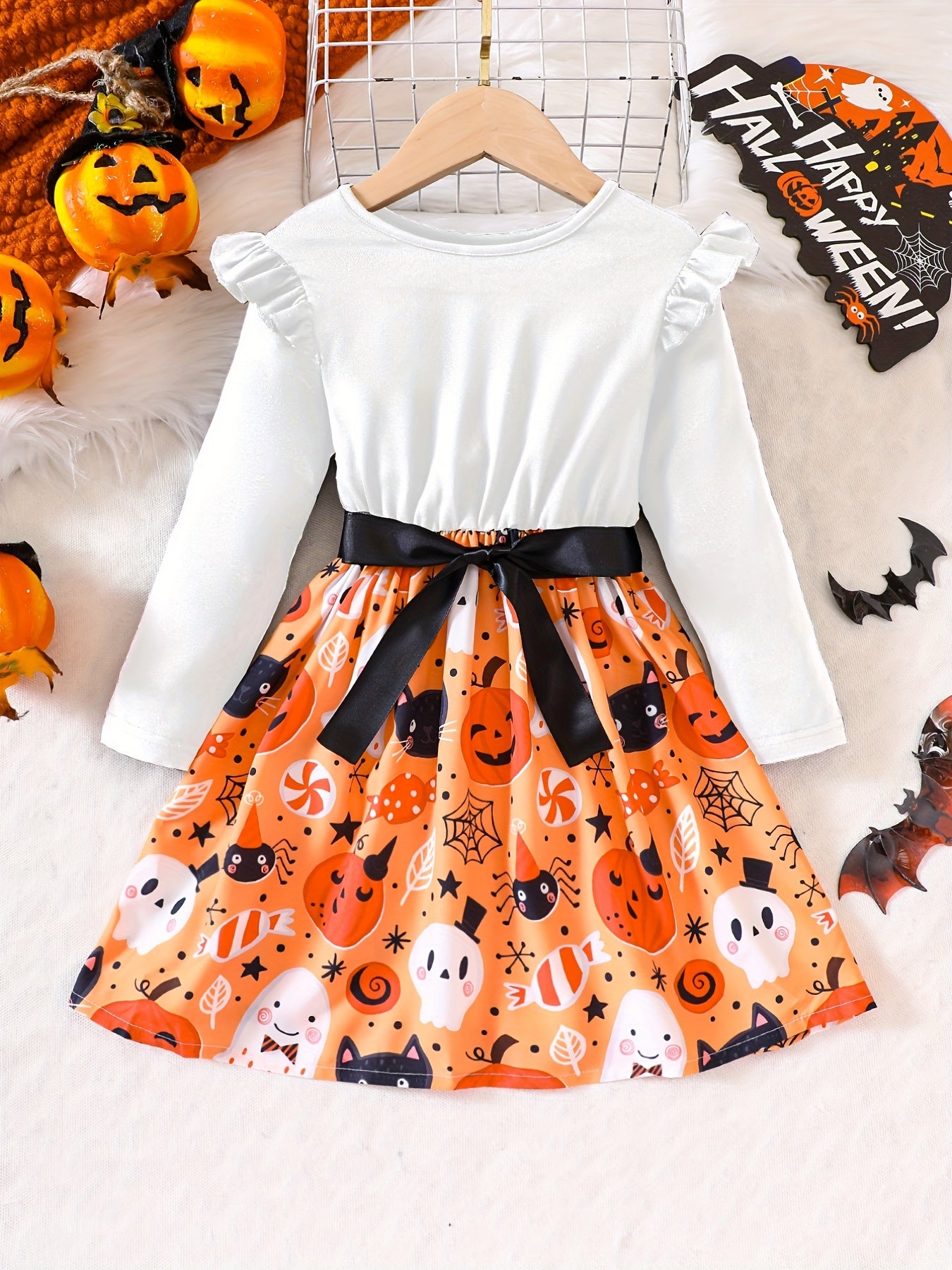 Girls' Cute Pumpkin Halloween Dress Long Sleeve Tee Dress