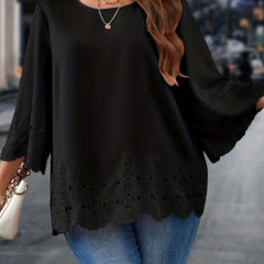Plus Size Solid Lace Trim Three Quarter Sleeve Blouse