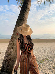 Crochet Beachwear Top Fringe Trim Hollow Out V Neck Cami Women's Swimwear
