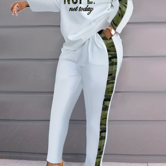 Camo Print Two Piece Set Letter Print Long Sleeve Tops & Wide Leg Pants