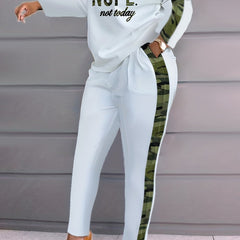 Camo Print Two Piece Set Letter Print Long Sleeve Tops & Wide Leg Pants